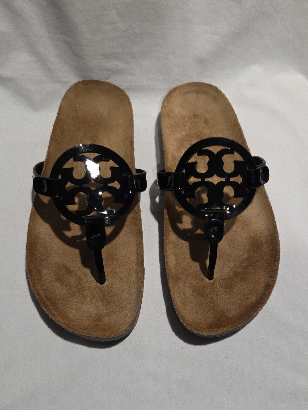 Tory Burch Miller Cloud Thong Sandals Black Patent Leather.